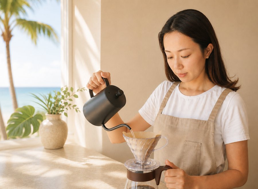 ハワイの雰囲気の中でドリップコーヒーを淹れる様子